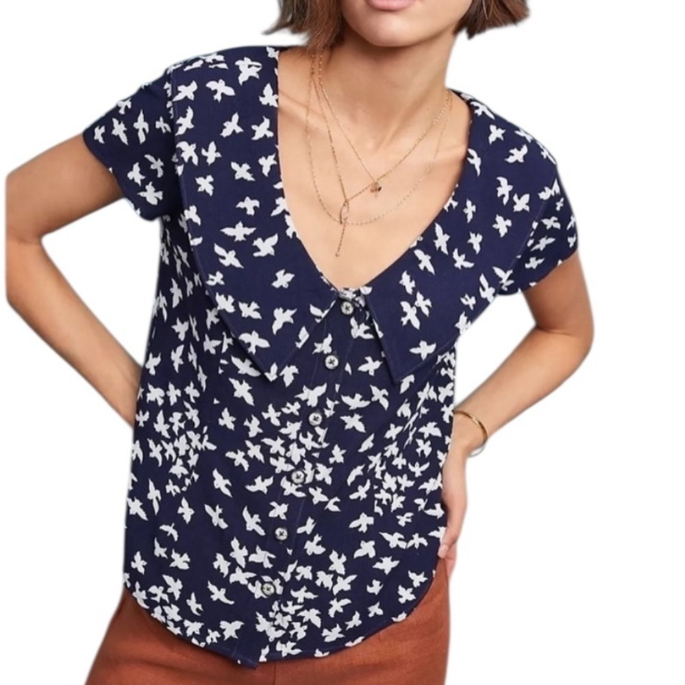 Anthropologie Maeve Austin Navy & White Bird Print Peter Pan Collar Blouse - 4